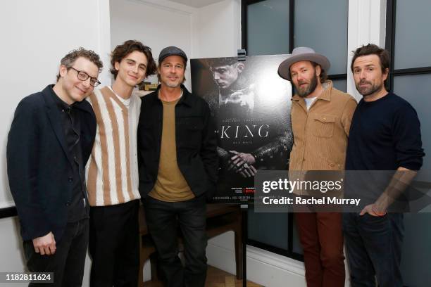 Nicholas Britell, Timothee Chalamet, Brad Pitt, Joel Edgerton and David Michod attend Netflix Presents 'The King' Tastemaker at The London Hotel on...