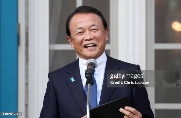 Deputy Prime Minister Taro Aso makes a speech during a reception to celebrate UK - Japan partnerships attended by Prince Charles, Prince of Wales and...