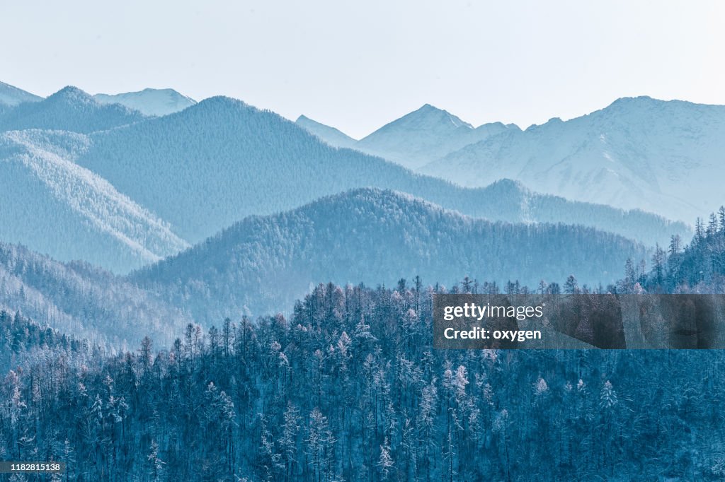 Jagged blue silhouettes mountain range, Siberia, Altai, Russia