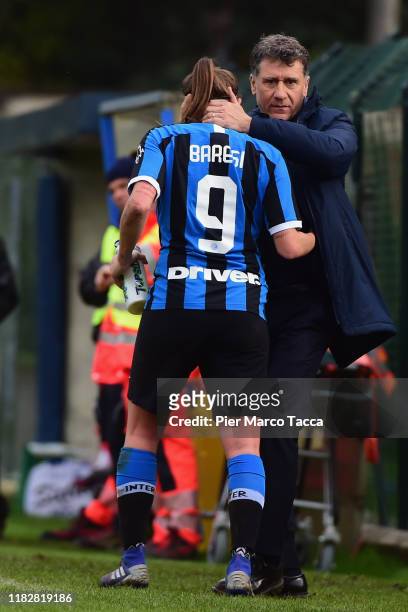 Head Coach of FC Innternazionale Women Attilio Sorbi embraces Regina Baresi of FC Internazionale Women during the Women Serie A match between FC...