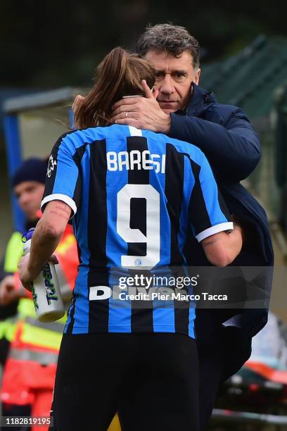 Head Coach of FC Innternazionale Women Attilio Sorbi embraces Regina Baresi of FC Internazionale Women during the Women Serie A match between FC...