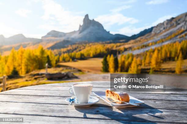 outdoors breakfast in the dolomites, italy - coffee cup top view stock pictures, royalty-free photos & images