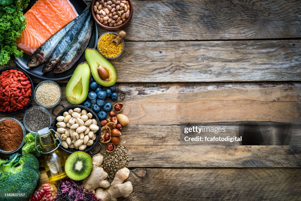 Healthy eating: selection of antioxidant group of food frame. Copy space