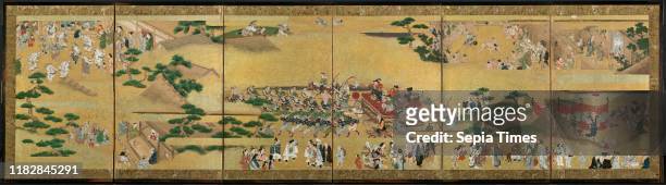 Festival Scenes, 17th century. Japan, Edo Period . One of a pair of six-panel folding screens; ink, color, gold, and gold leaf on paper; image: 51.1...