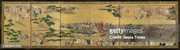 Festival Scenes, 1615-1699. Japan, Edo Period . Pair of six-panel folding screens; ink, color, gold, and gold leaf on paper; overall: 51.1 x 208.9 cm...