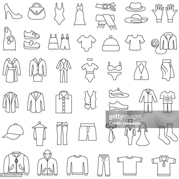 ilustraciones, imágenes clip art, dibujos animados e iconos de stock de iconos de ropa contornos editables - cardigan sweater