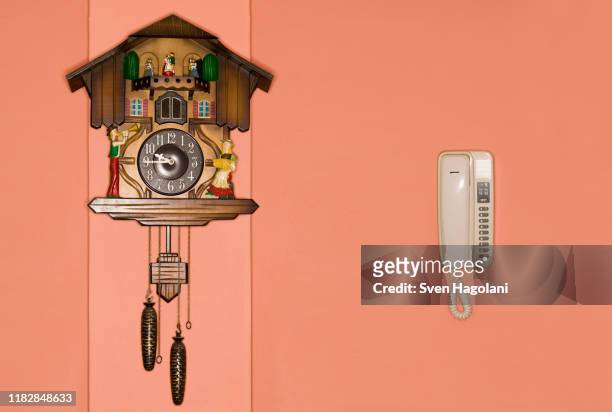 a cuckoo clock and a telephone on a wall - cuckoo clock stock pictures, royalty-free photos & images