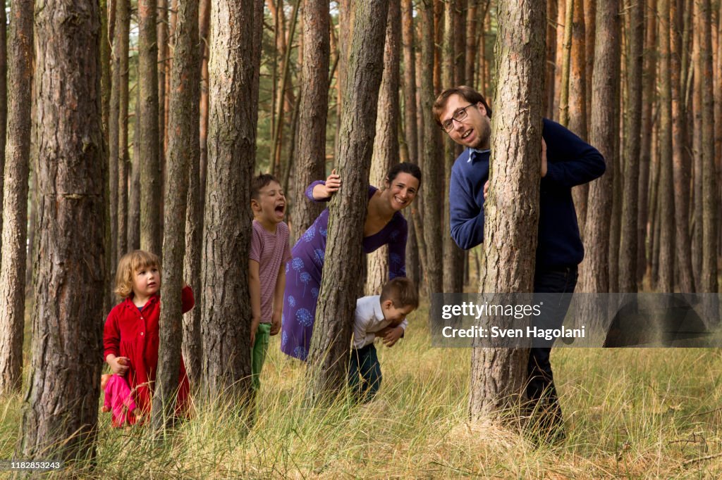 Happy family hiding behind tree trunks in forest