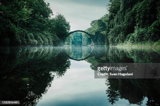 tranquil rakotzbruecke devils bridge, rakotzbruecke, brandenburg, germany - symmetry nature bildbanksfoton och bilder