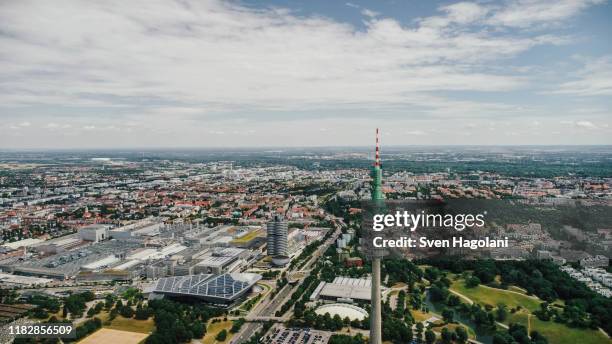 drone point of view sunny munich cityscape, bayern, germany - munich drone stock pictures, royalty-free photos & images