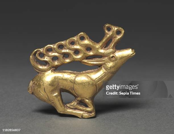 Stag Plaque, 400-300 BC. Western Asia, Scythian, 5th-4th Century BC. Gold, cast in shell mold; overall: 4.1 cm .