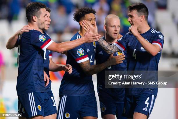 Goalscorer John McGinn, Ryan Christie, Liam Palmer, Steven Naismith and Ryan Jack celebrate making it 2-1 to Scotland during the UEFA European...