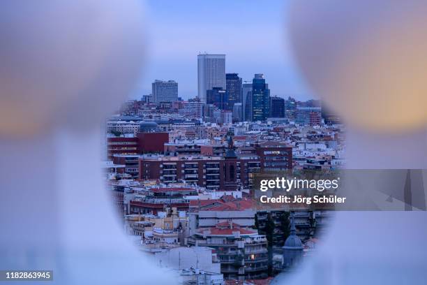 The skyline of Madrid is seen during twilight from the roof top of the Riu Plaza Madrid on October 22, 2019 in Madrid, Spain.