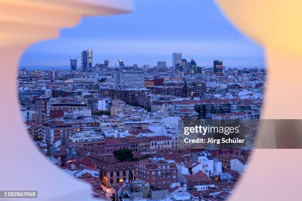 The skyline of Madrid is seen during twilight from the roof top of the Riu Plaza Madrid on October 22, 2019 in Madrid, Spain.