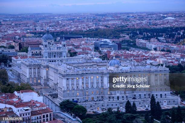 The Palacio Real de Madrid is seen during twilight from the roof top of the Riu Plaza Madrid on October 22, 2019 in Madrid, Spain.