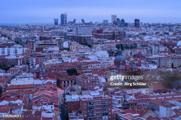 The skyline of Madrid is seen during twilight from the roof top of the Riu Plaza Madrid on October 22, 2019 in Madrid, Spain.