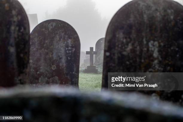 graveyard in the fog - enterrado fotografías e imágenes de stock