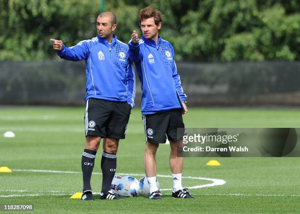 Chelsea manager Andre Villas-Boas with Assistant 1st team coach Roberto Di Matteo during a training session at the Cobham Training Ground on July 6,...