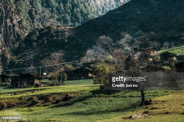 het dorp in de vallei is omgeven door groene planten - omgeven fotografías e imágenes de stock