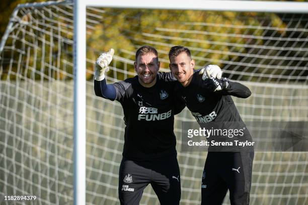 Goalkeepers Rob Elliot and Martin Dubravka pose for a photo during the Newcastle United Training Session at the Newcastle United Training Centre on...