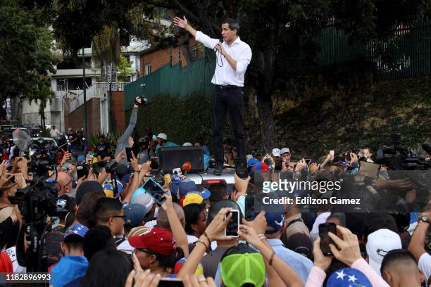 Opposition leader Juan Guaido, recognized by many members of the international community as the country's rightful interim ruler, speaks to...