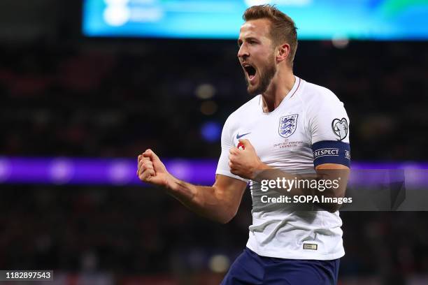 Harry Kane of England celebrates after scoring a goal to make it 2-0 during the UEFA Euro 2020 qualifier match between England and Montenegro at...