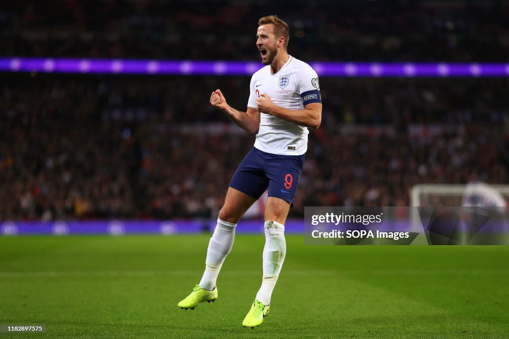 Harry Kane of England celebrates after scoring a goal to...