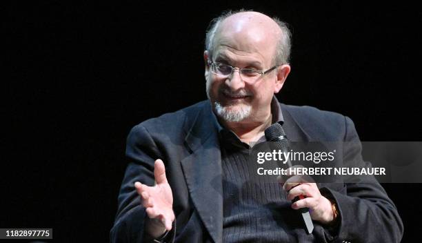 British author Salman Rushdie speaks as he presents his book "Quichotte" at the Volkstheater in Vienna, Austria, on November 16, 2019. - Austria OUT...