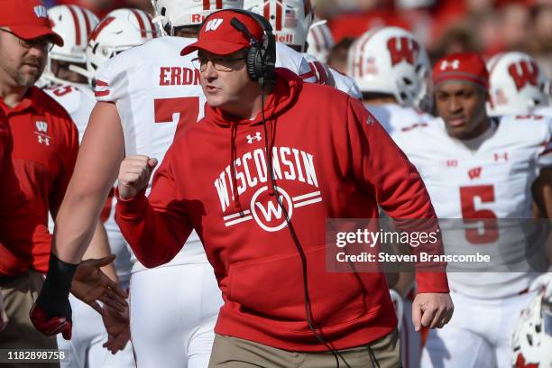 Head coach Paul Chryst of the Wisconsin Badgers reacts after the team scores a touchdown against the Nebraska Cornhuskers at Memorial Stadium on...