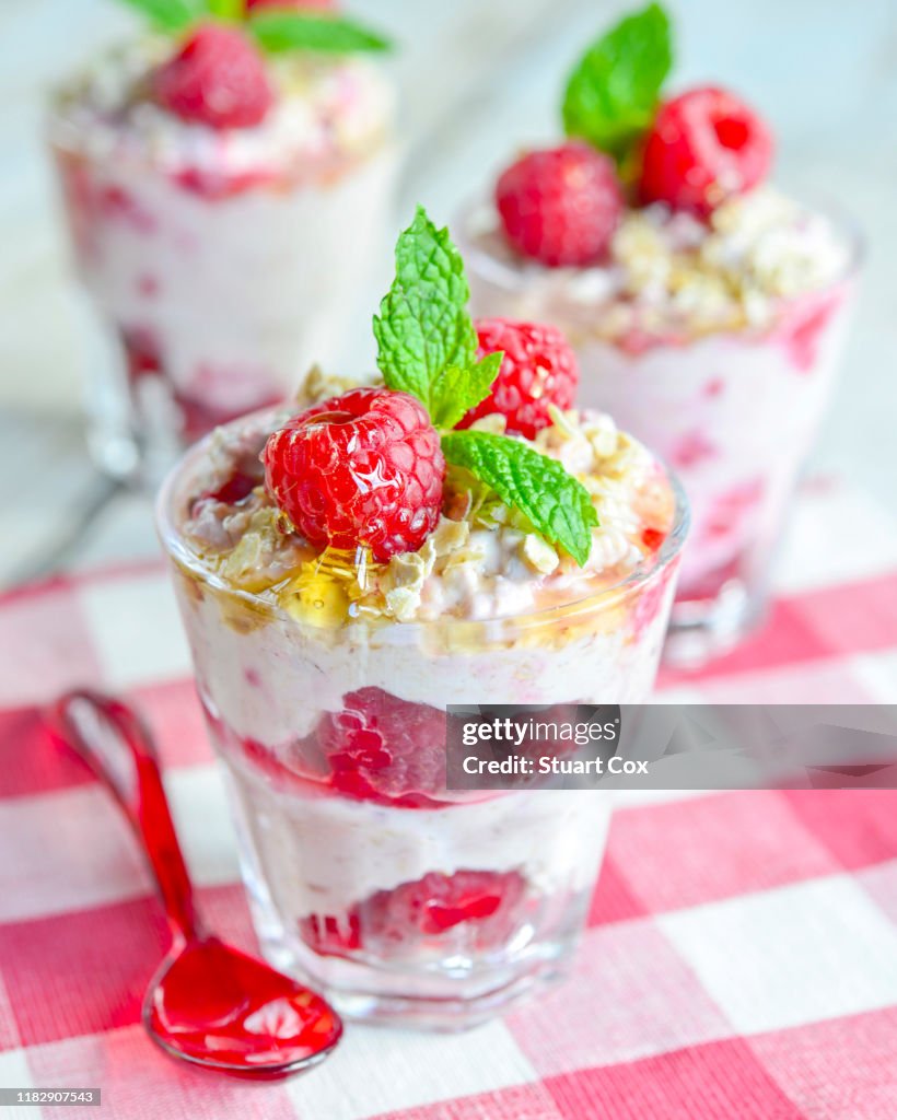 Traditional Cranachan made with honey, oats, whiskey and raspberries with quark cheese