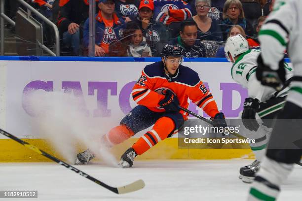 Edmonton Oilers Defenceman Caleb Jones stops hard to join the transition in the first period during the Edmonton Oilers game versus the Dallas Stars...