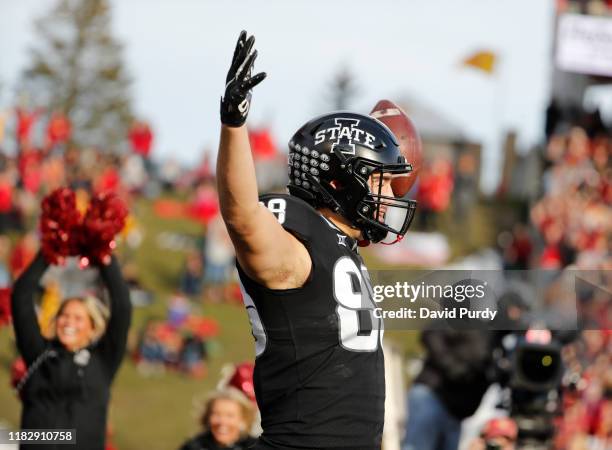 Tight end Charlie Kolar of the Iowa State Cyclones celebrates after scoring a touchdown in the first half of play against then Texas Longhorns at...