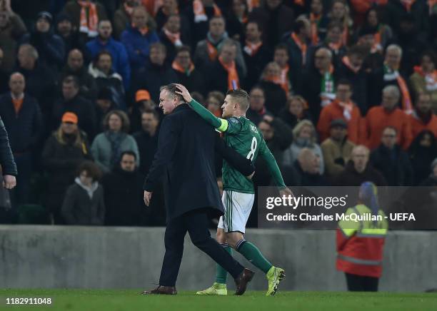 Northern Ireland manager Michael O'Neill and captain Steven Davis pictured after the UEFA Euro 2020 qualifier between Northern Ireland and the...