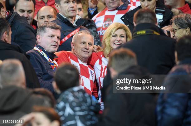 Croatian president Kolinda Grabar Kitarovic celebrates with father of Luka Modric, Stipe Modric after the UEFA Euro 2020 Qualifier between Croatia...