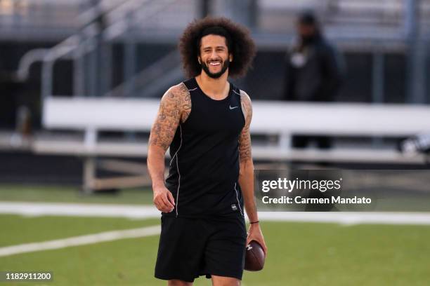 Colin Kaepernick looks on during the Colin Kaepernick NFL workout held at Charles R. Drew High School on November 16, 2019 in Riverdale, Georgia.