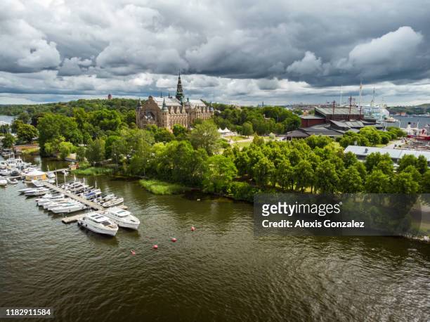 aerial view of djurgården island in stockholm - djurgarden stock pictures, royalty-free photos & images
