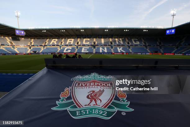 The Liverpool logo is seen inside the stadium prior to the UEFA Champions League group E match between KRC Genk and Liverpool FC at Luminus Arena on...