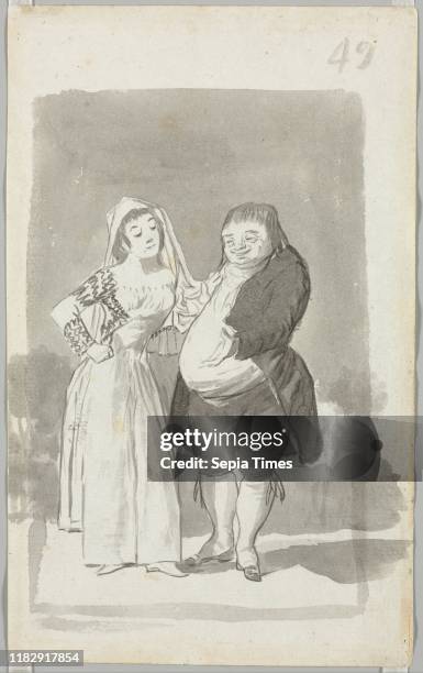 Prostitute Soliciting a Fat, Ugly Man ; Young Woman Wringing Her Hands over a Man's Naked Body , 1796-1797. Francisco de Goya . Brush and black and...