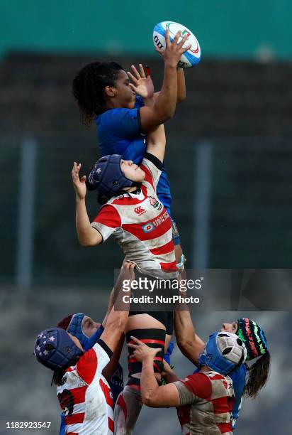 Giada Franco of Italy and Ayano Sakurai of Japan during the women's rugby international Test Match Italy v Japan at Fattori Stadium in L'Aquila,...