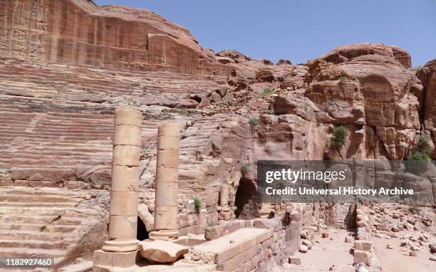 First century AD Nabatean theatre in Petra, Jordan. Substantial part of the theatre was carved out of solid rock, while the scaena and exterior wall...