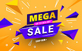 Mega sale banner template with polygonal 3D shapes and text for special offers, sales and discounts. Promotion and shopping template for Black Friday 50 off