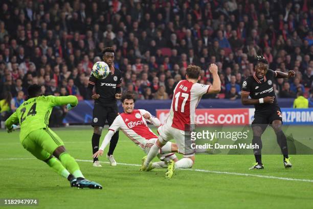 Michy Batshuayi of Chelsea scores his team's first goal during the UEFA Champions League group H match between AFC Ajax and Chelsea FC at Amsterdam...