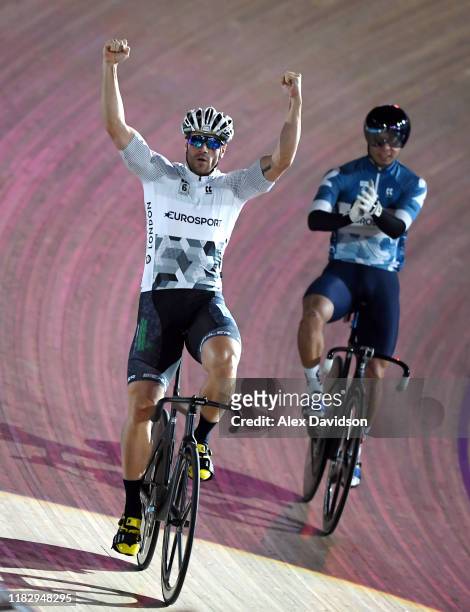 Maximilian Levy of Germany wins the Mens Sprint final during Day 2 of the London Six Day Race at Lee Valley Velopark Velodrome on October 23, 2019 in...