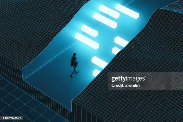 businessman walking in abstract wire-frame landscape - neon tunnel stock pictures, royalty-free photos & images