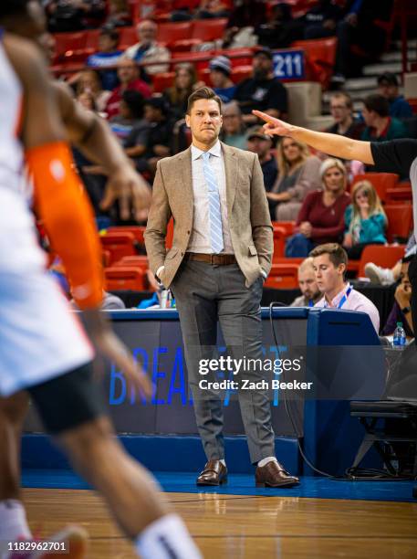 Oklahoma City Blue head coach Grant Gibbs watches the action against the Westchester Knicks during an NBA G-League game on November 16, 2019 at the...