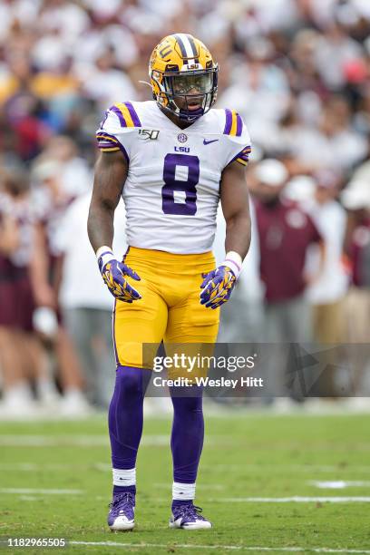 Patrick Queen of the LSU Tigers looks over to the sidelines during a game against the Mississippi State Bulldogs at Davis Wade Stadium on October 19,...