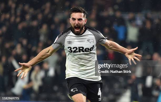 Graeme Shinnie of Derby County celebrates after he scores the first goal during the Sky Bet Championship match between Derby County and Wigan...