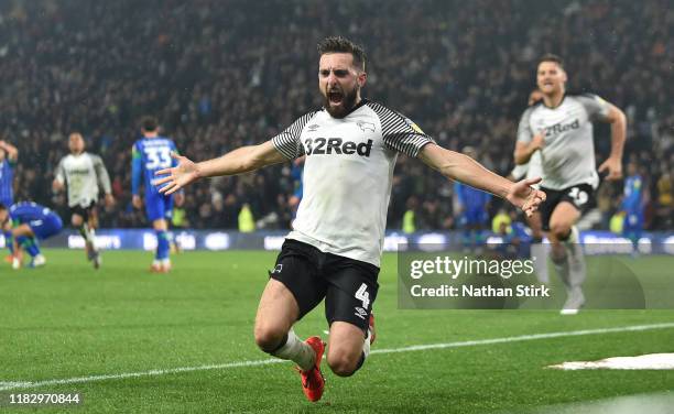Graeme Shinnie of Derby County celebrates after he scores the first goal during the Sky Bet Championship match between Derby County and Wigan...