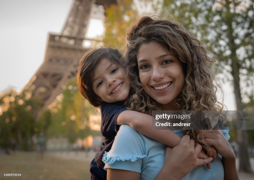 Portrait of a loving mother and son in Paris