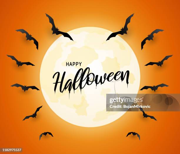 halloween poster, orange background with flying bats and moon. vector - bat stock illustrations